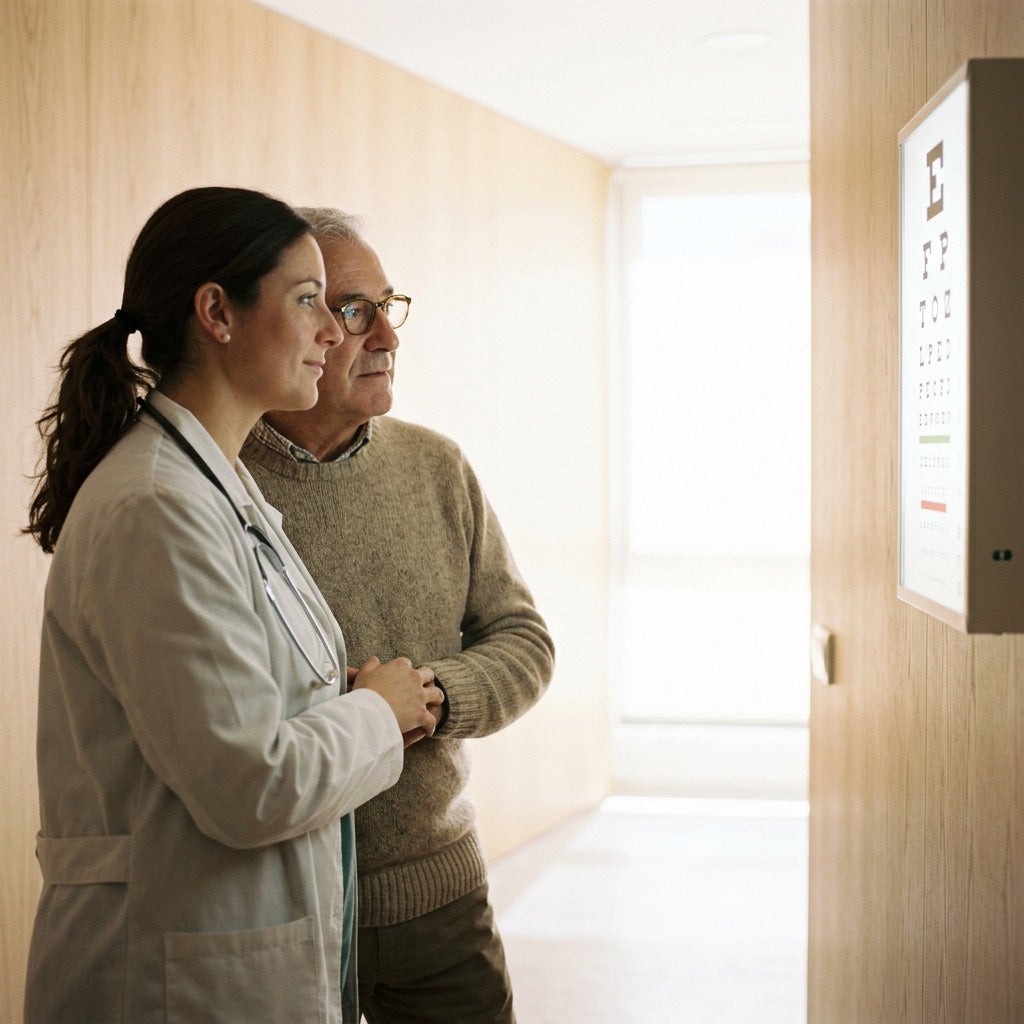 Doctora realizando la prueba de visión a un paciente