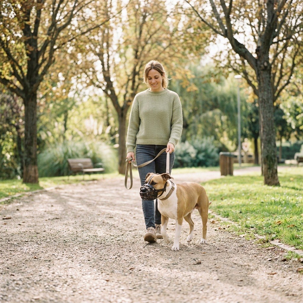 Mujer paseando a su perro con bozal